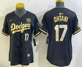 Womens Los Angeles Dodgers #17 Shohei Ohtani Black Gold 2024 World Series 34 Patch Stitched Cool Base Jersey